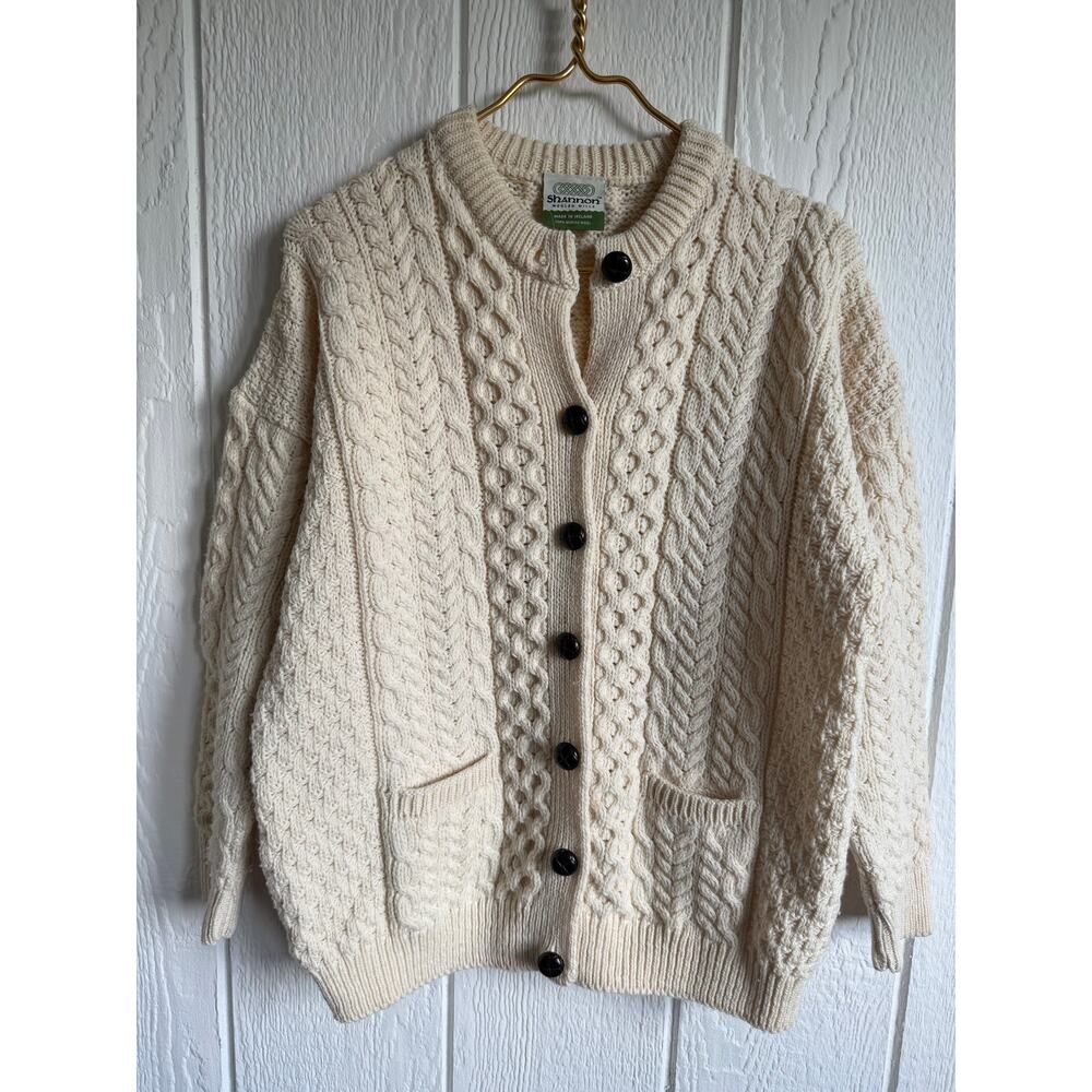 Shannon Irish Wool Cardigan Sweater Medium Cable Knit Fisherman Made in Ireland